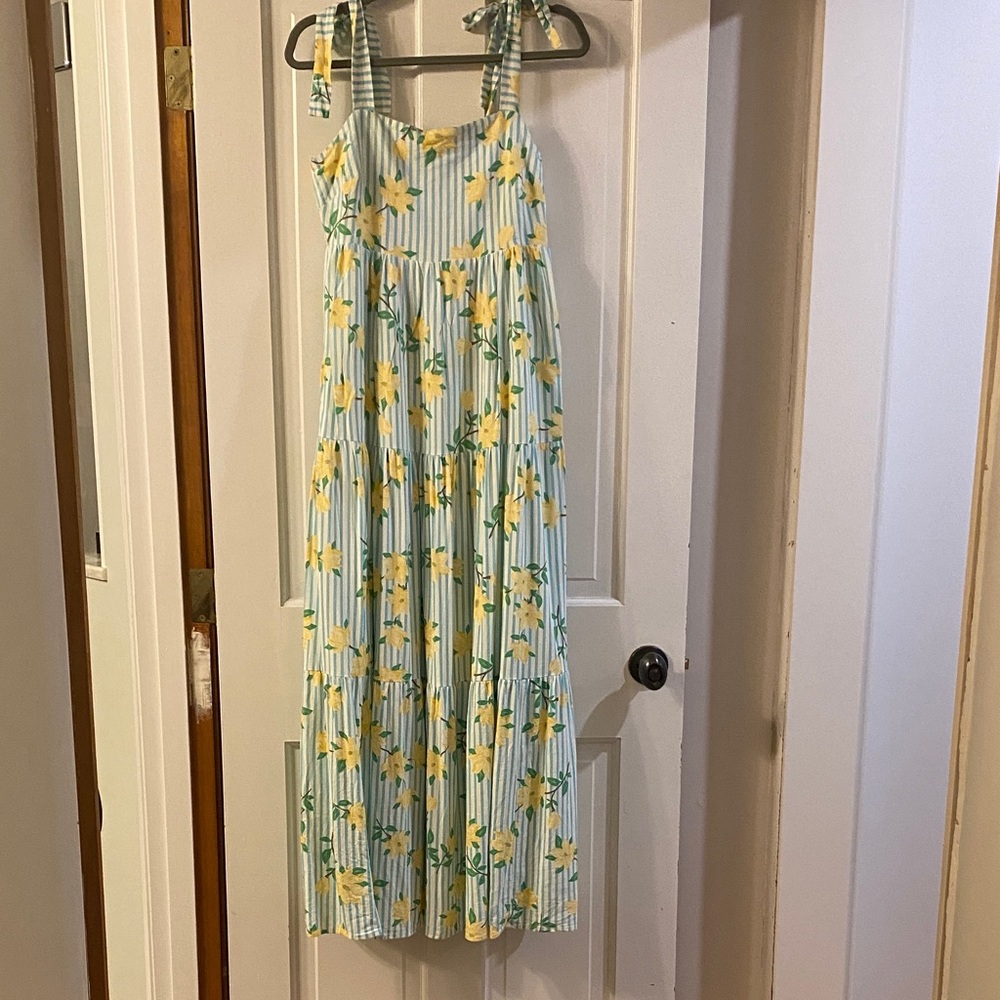 Draper James Yellow Magnolia and Turquoise Striped Tiered Maxi Dress